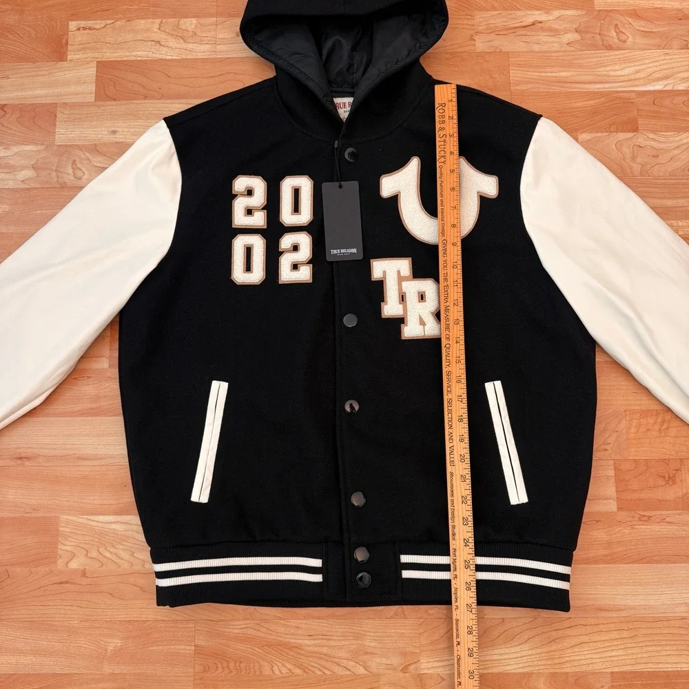 True Religion Mens NEW Varsity Jacket Jet Black White Letterman 108284 L